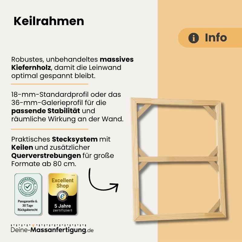 Keilrahmen aus Kiefernholz mit 18mm/36mm Profil, Stecksystem und Querstreben.