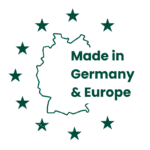 Siegel mit Deutschland- und EU-Flaggen, Kennzeichnung "Made in Germany & Europe".