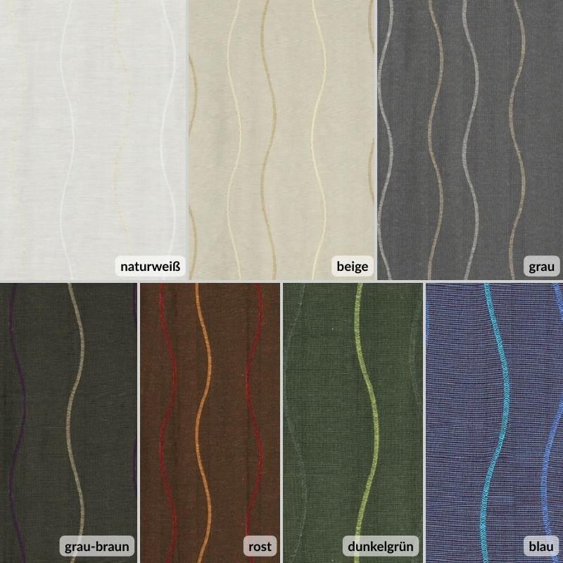 Blickdichter Vorhangstoff mit senkrechtem Wellenmuster, mehrere Farben (naturweiß, beige, grau, grau‑braun, rost, dunkelgrün, blau)