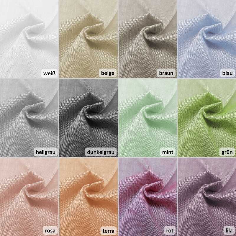 Halbtransparenter unifarbener Vorhangstoff, Übersicht in 12 Farben