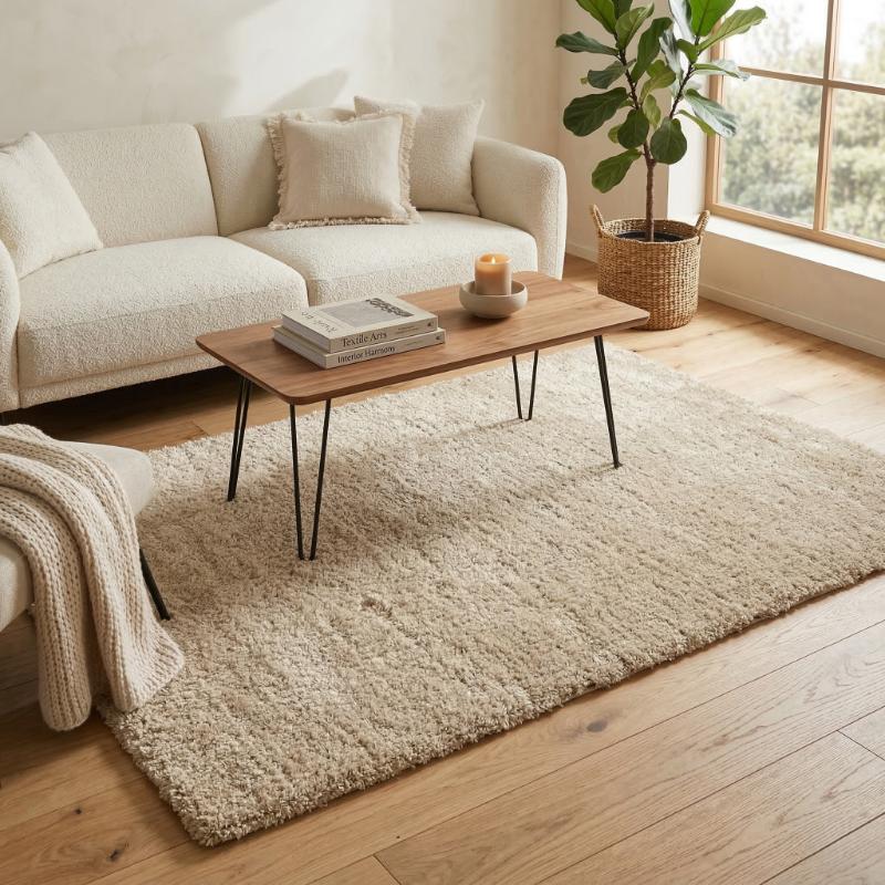 Rechteckiger cremefarbener weicher Hochflor-Teppich, unifarben, auf Holzboden vor Sofa