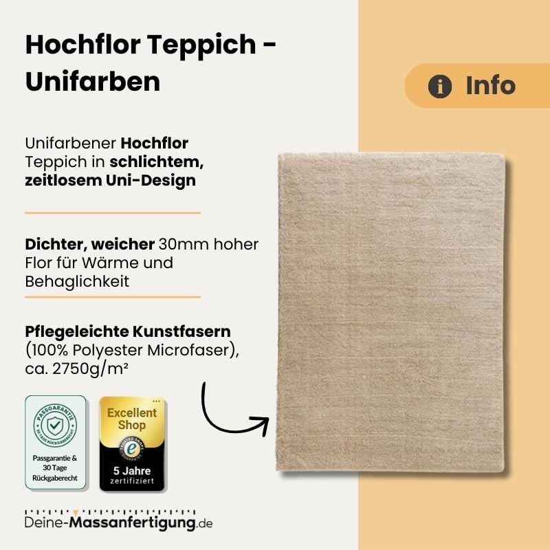 Beiger hochfloriger Uni-Teppich, 30 mm Flor, 100% Polyester-Microfaser, dicht und weich