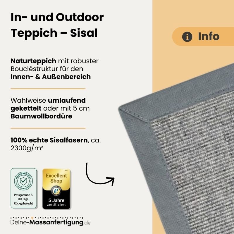 Grauer In-/Outdoor-Teppich aus 100% Sisal mit Baumwollbordüre, robuste Boucléstruktur, 5 cm Kante