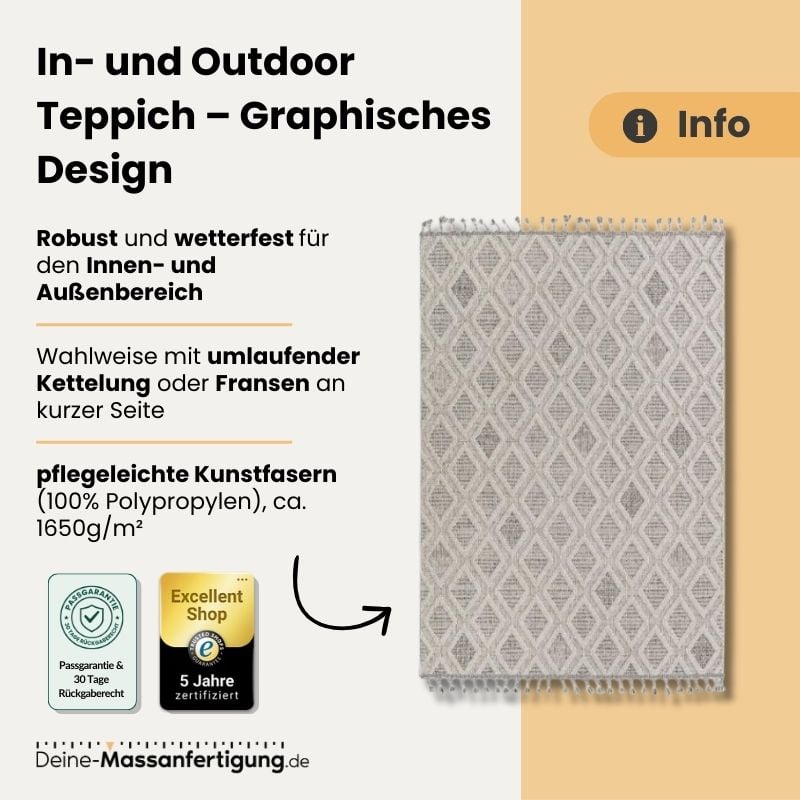 Beiger In‑/Outdoor‑Teppich mit grafischem Diamantmuster, 100% Polypropylen, wetterfest