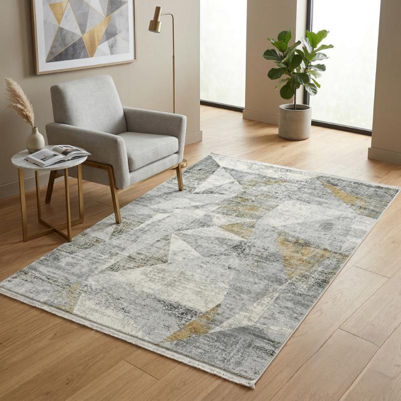 Kurzflor-Teppich im Vintage-Design, rechteckig, geometrisches grau-beige Muster mit goldenen Akzenten