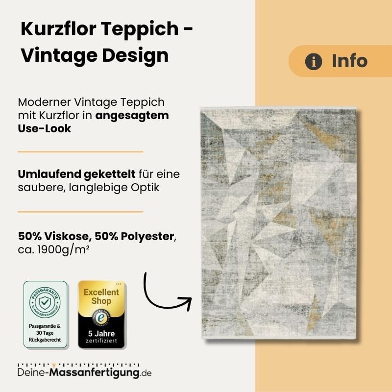 Kurzflor-Teppich Vintage-Design mit pastellfarbenem geometrischem Muster, 50% Viskose/50% Polyester, umlaufend gekettelt