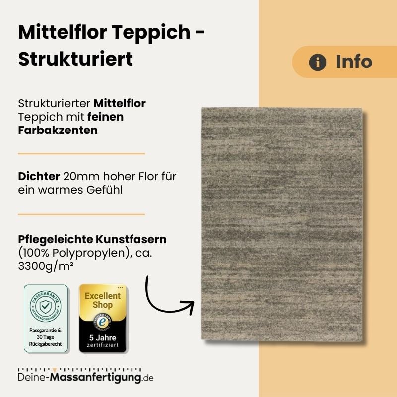 Mittelflor-Teppich, strukturiert, grau-beige meliert, 20 mm Florhöhe, 100% Polypropylen