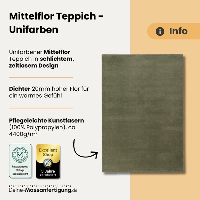 Mittelflor-Teppich uni olivgrün, 20 mm Flor, Polypropylen, ca. 4400 g/m², pflegeleicht