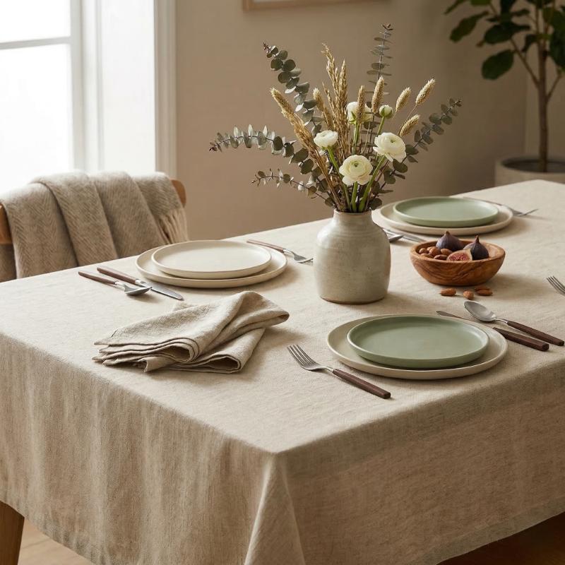 Naturfarbene Tischdecke in feiner Leinenoptik auf gedecktem Esstisch