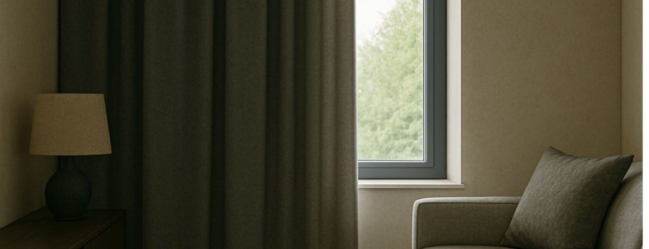 Dunkelgrauer lichtundurchlässiger Vorhang aus schwerem Stoff im Wohnzimmer neben Sofa