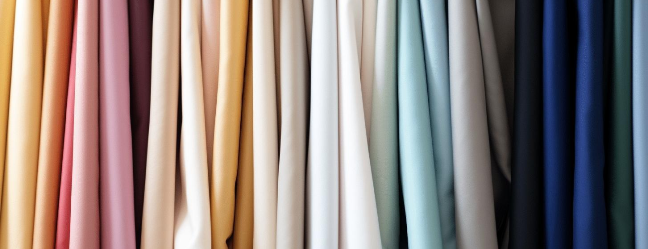 vorhang-mood-farben Bunte Vorhänge in sanften Farben wie Gelb, Rosa, Beige und Blau, aus leichtem Stoff, hängend nebeneinander.